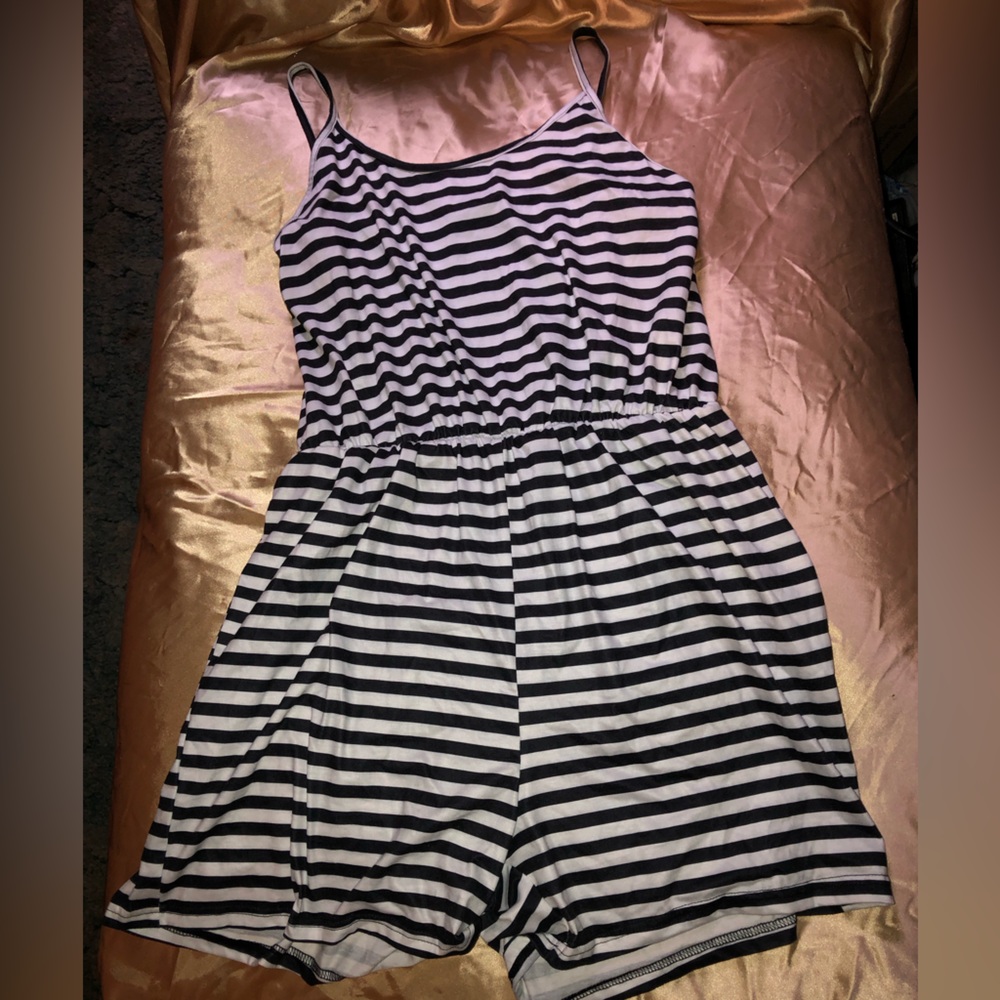 Black n white Striped Shorts Romper